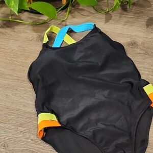 Women's Swim Black One-Piece Swimsuit. Neon Straps. Size L